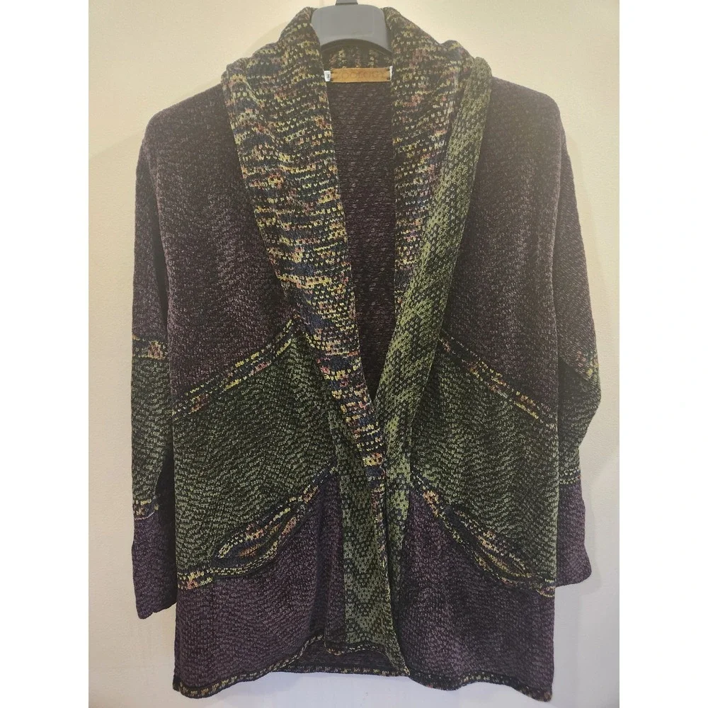 Zoology Womens Medium‎ Oversized Knit Cardigan Sweater Purple Green Shawl Collar